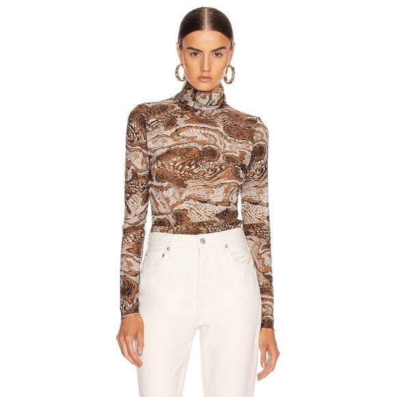 GANNI Mesh Turtle Neck Top Long‎ Sleeves Tiger Eye Brown Women’s Size 36 (US 4) - Picture 1 of 10